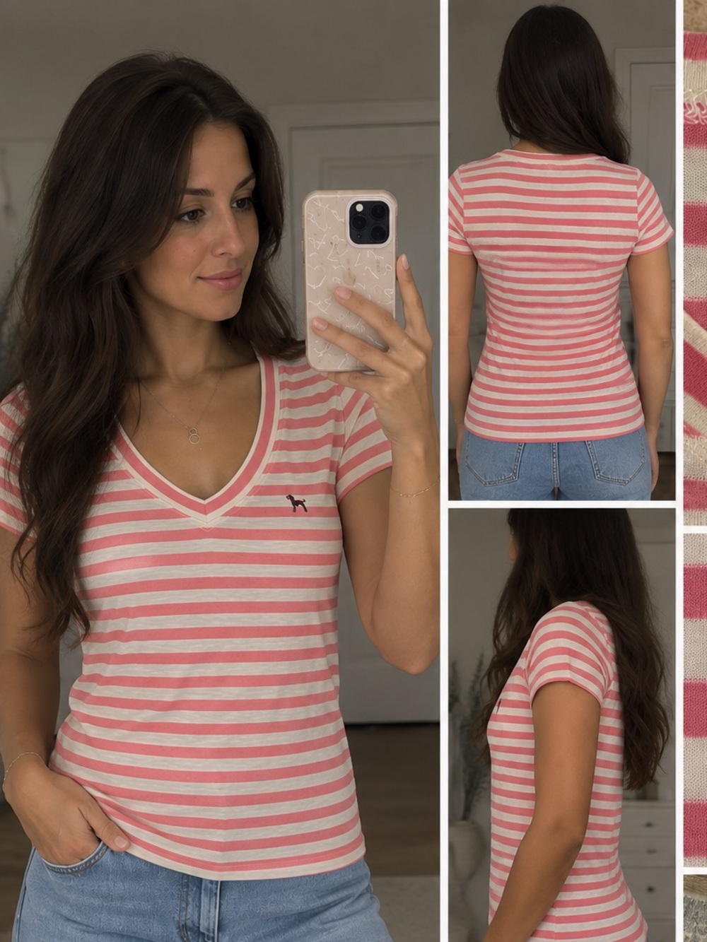 The Black Dog Women’s XS Pink White Striped V-Neck Tee Embroidered Logo